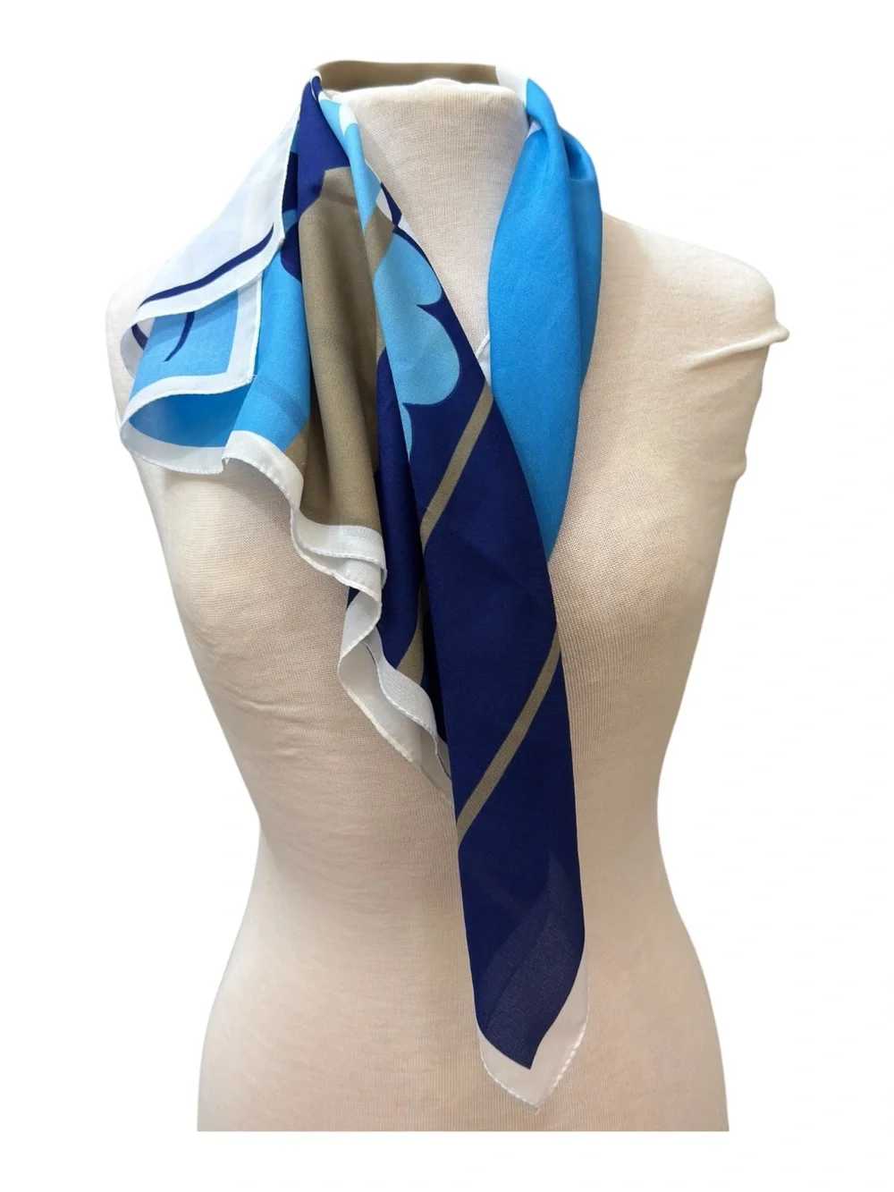 Vintage Abstract Floral Scarf 26” Square Blue White Tan Navy Retro Print